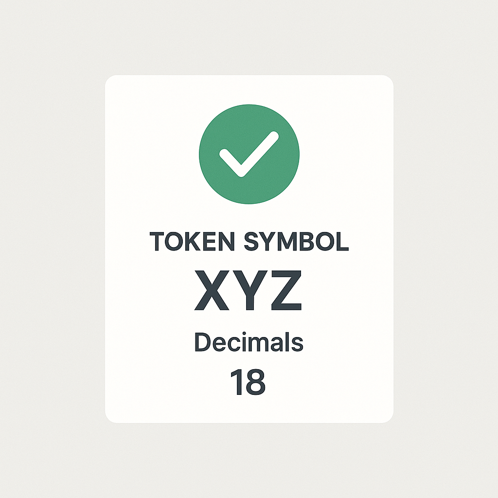 A digital confirmation screen showing token symbol and decimals, with a checkmark for verification.