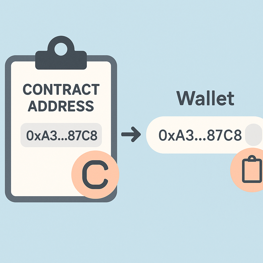 A digital clipboard copying a contract address, and pasting it into a wallet input field.