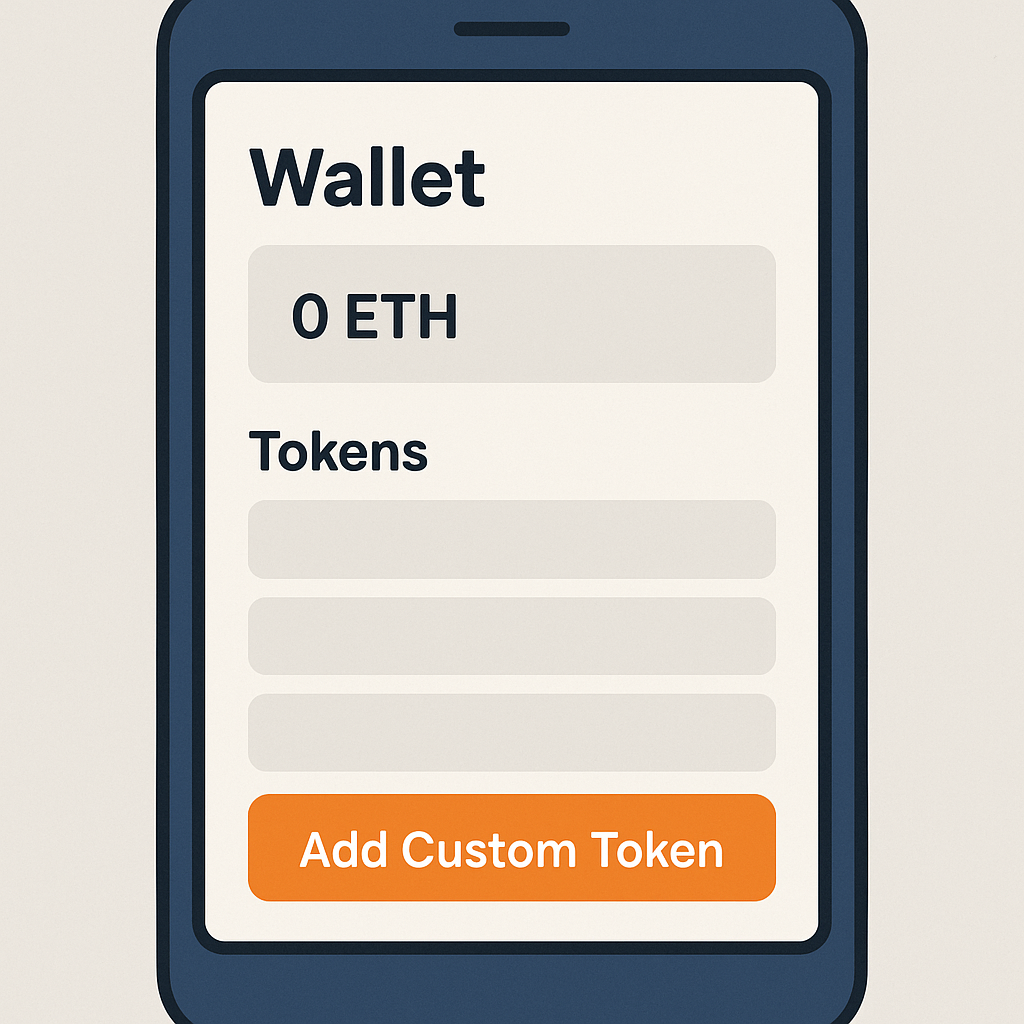 A wallet app screen with the 'Add Custom Token' button highlighted, ready for input.