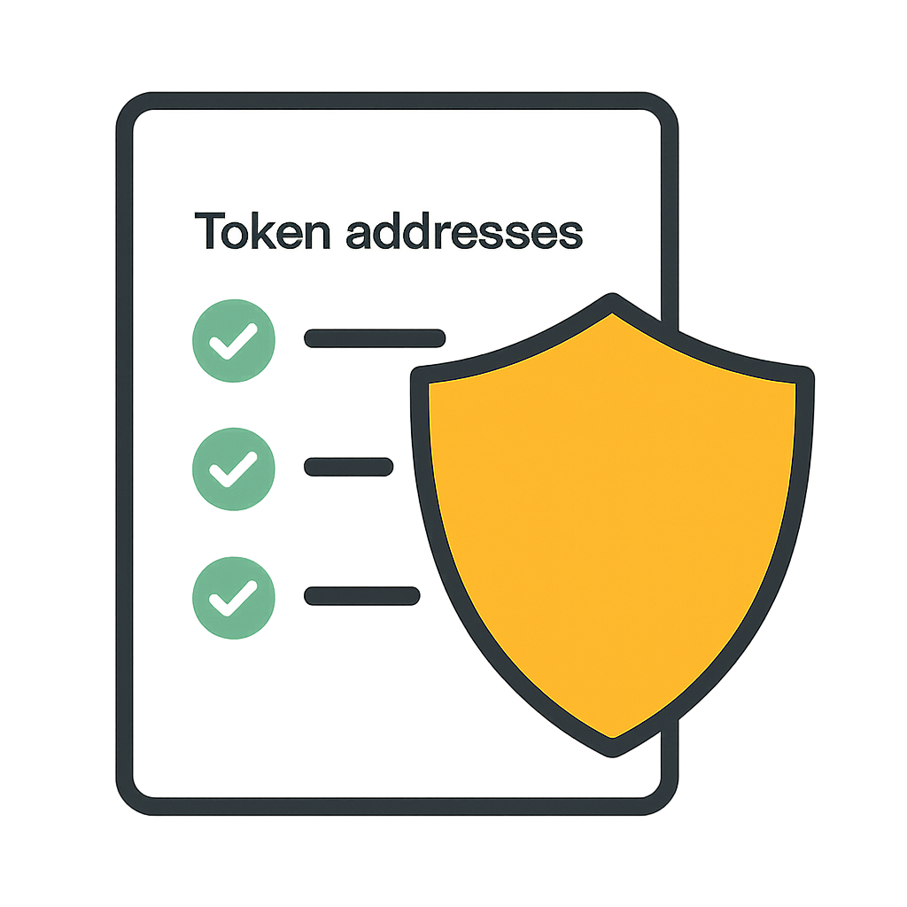 A shield icon overlaying a list of verified token addresses, representing security and trust.
