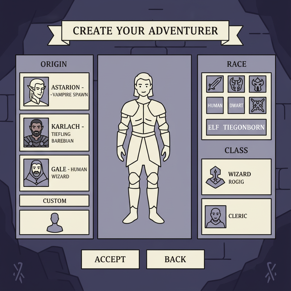 Baldur's Gate 3 character creation screen with origin options like Astarion, dark fantasy RPG style
