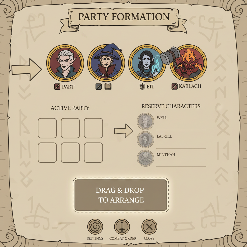 Baldur's Gate 3 party formation screen with origin characters, tactical fantasy lineup
