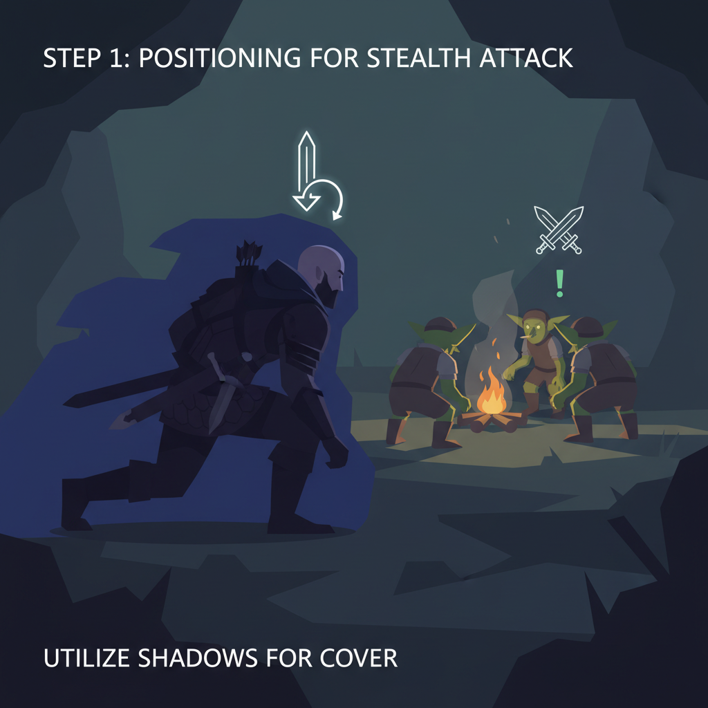 Baldur's Gate 3 rogue sneaking up on enemies in shadows, stealth combat ambush