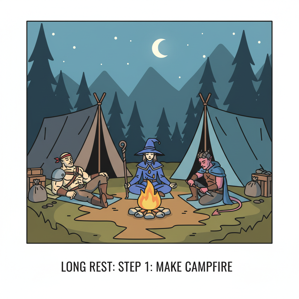 Baldur's Gate 3 camp long rest scene with campfire and resting party