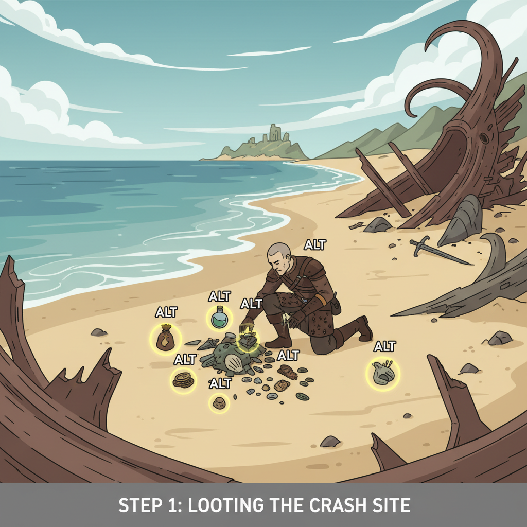 Baldur's Gate 3 player looting beach with Alt highlight, fantasy exploration