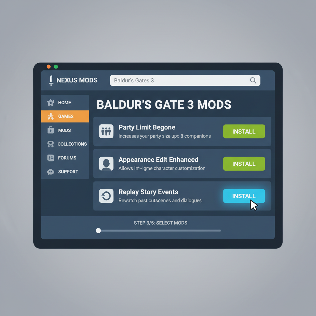 Baldur's Gate 3 mod installation Nexus screen with replay mods, gaming UI