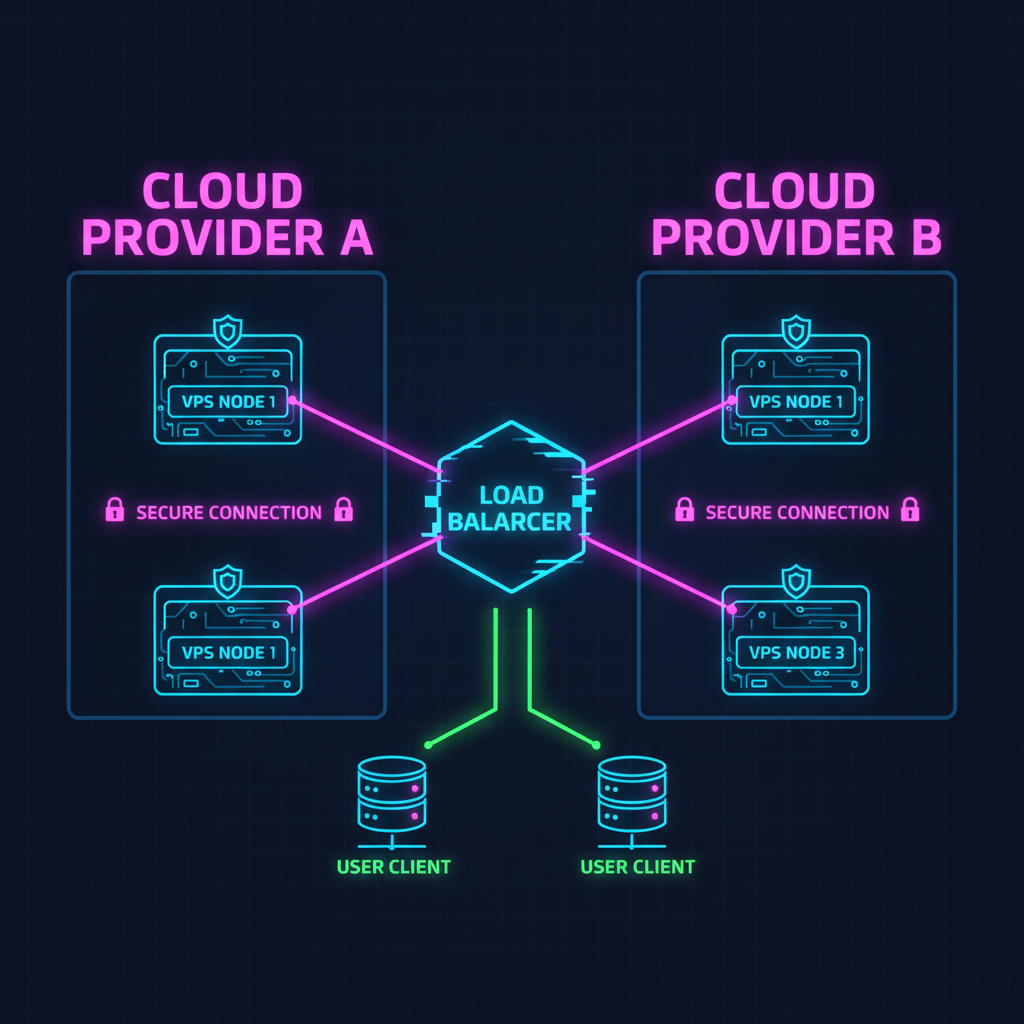 technical diagram of multi-VPS nodes across cloud providers, load balancer, secure connections, cyberpunk style