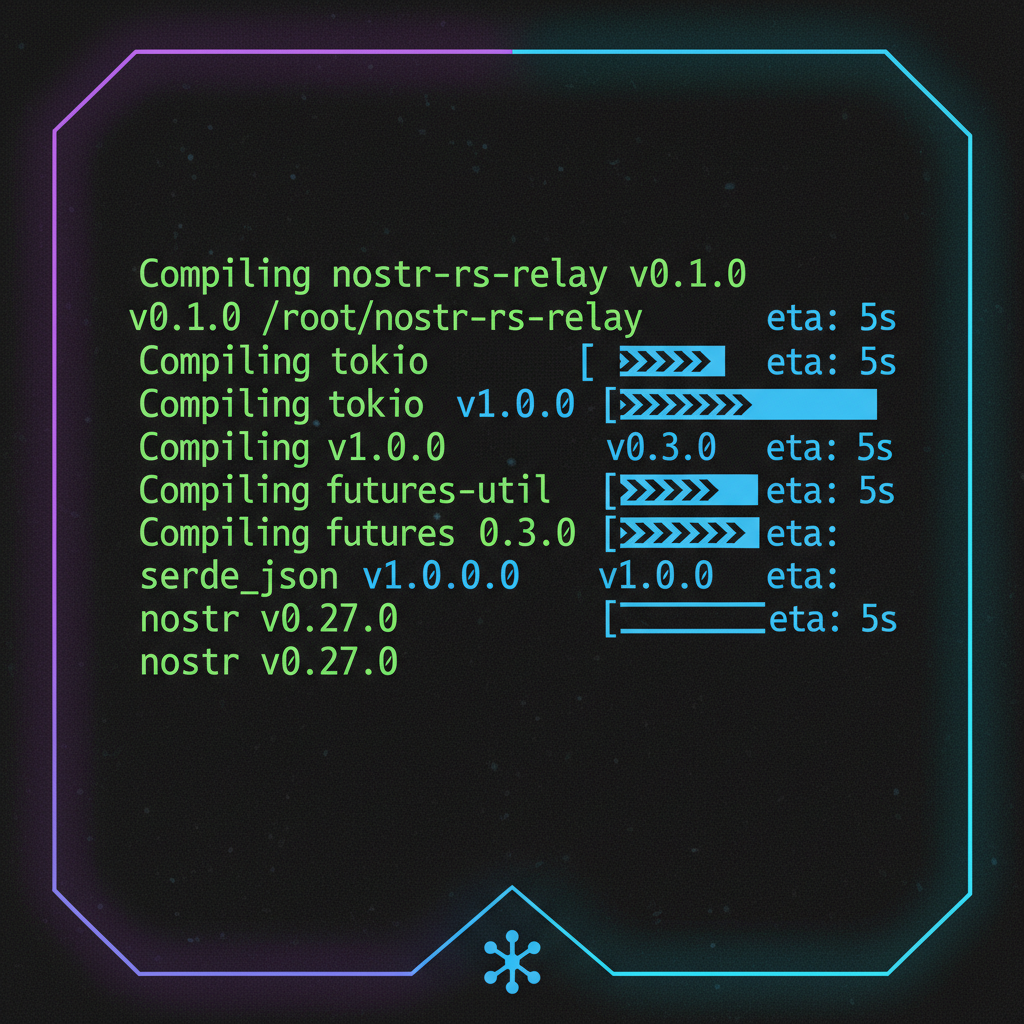 rust code compiling nostr-rs-relay server, dark terminal background, cyberpunk style