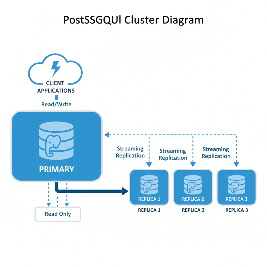 PostgreSQL cluster diagram with primary and replicas, replication arrows, database icons