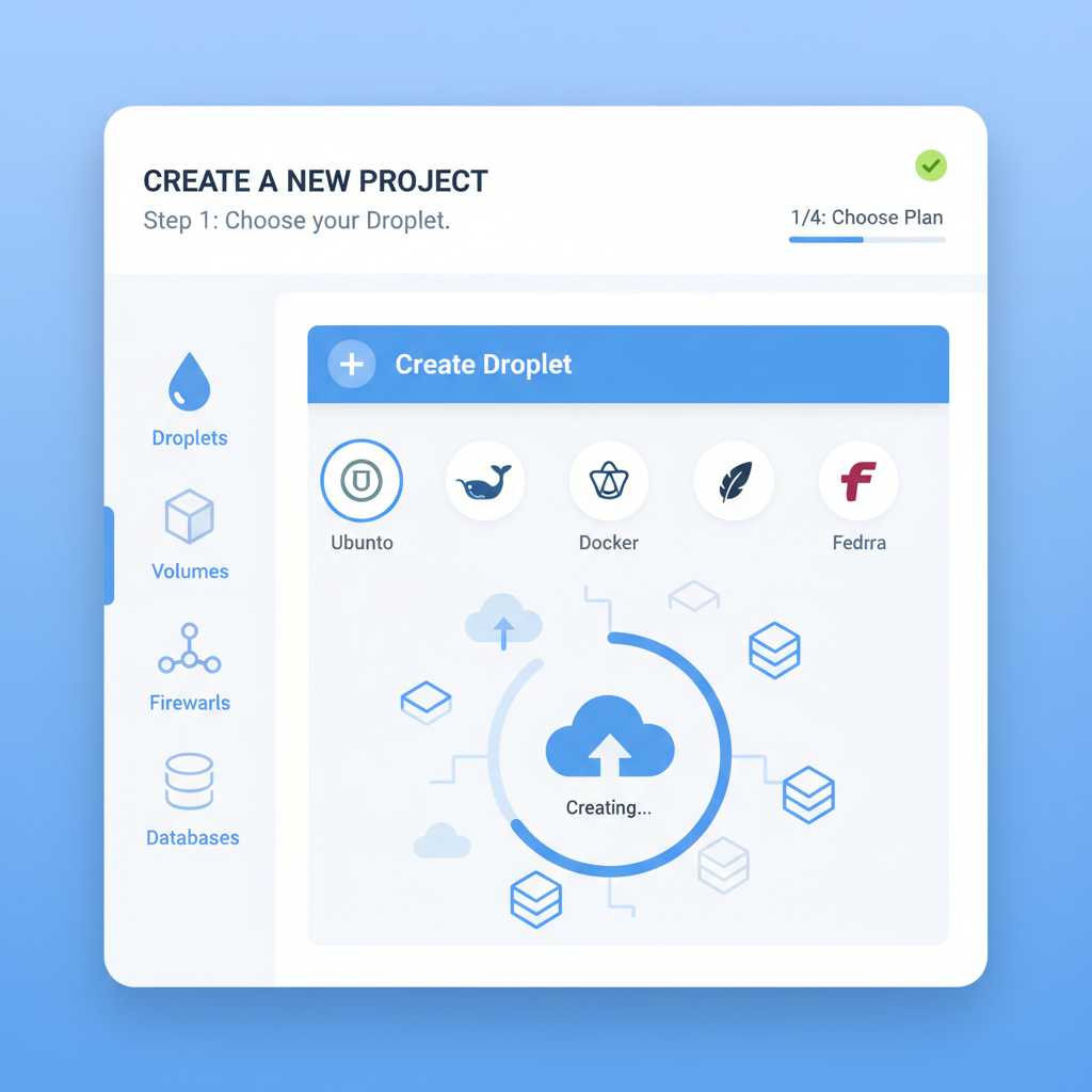 DigitalOcean dashboard creating VPS droplet, cloud servers icons, modern UI