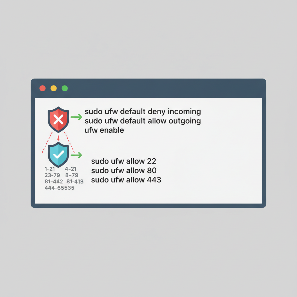 Linux terminal ufw firewall setup, shield icons blocking ports