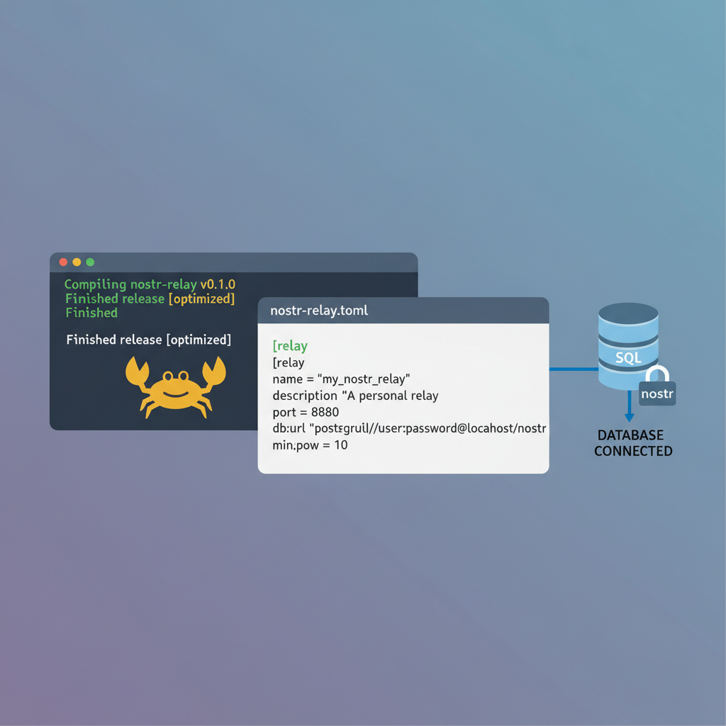 Rust code compiling on server terminal, Nostr relay config file open, database connection
