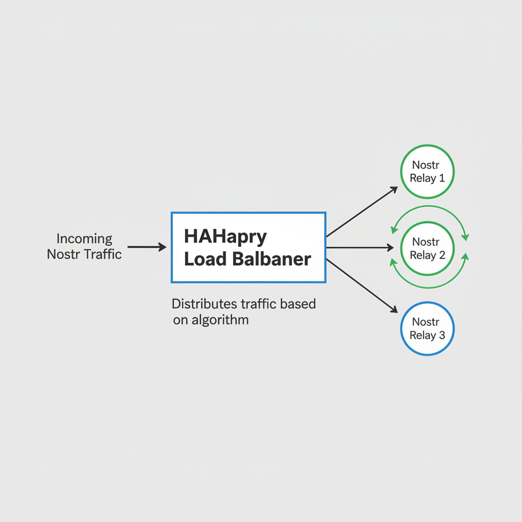 HAProxy load balancer diagram distributing traffic to multiple Nostr relays, arrows and nodes