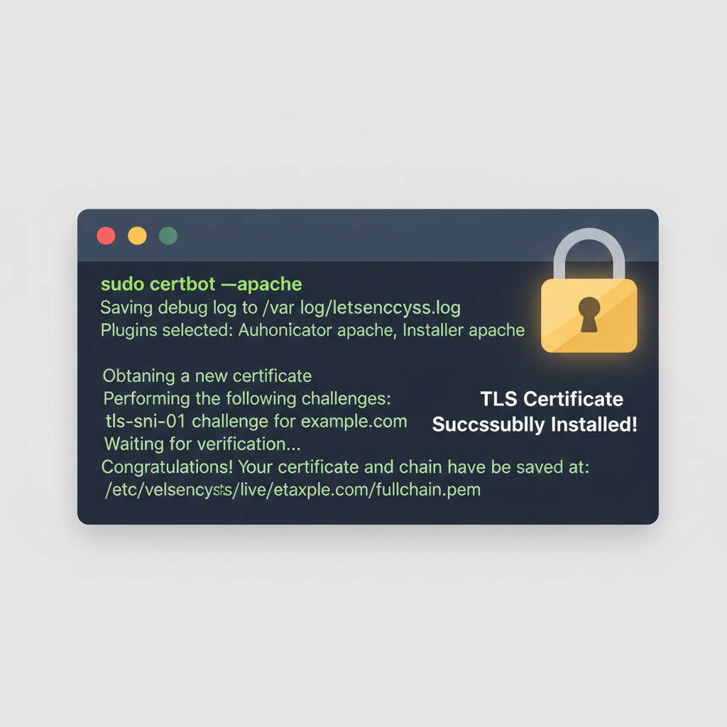 Let's Encrypt certbot terminal installing TLS cert, lock icon glowing