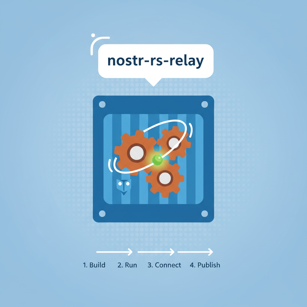 Docker container launching nostr-rs-relay, whale icon with rust gears