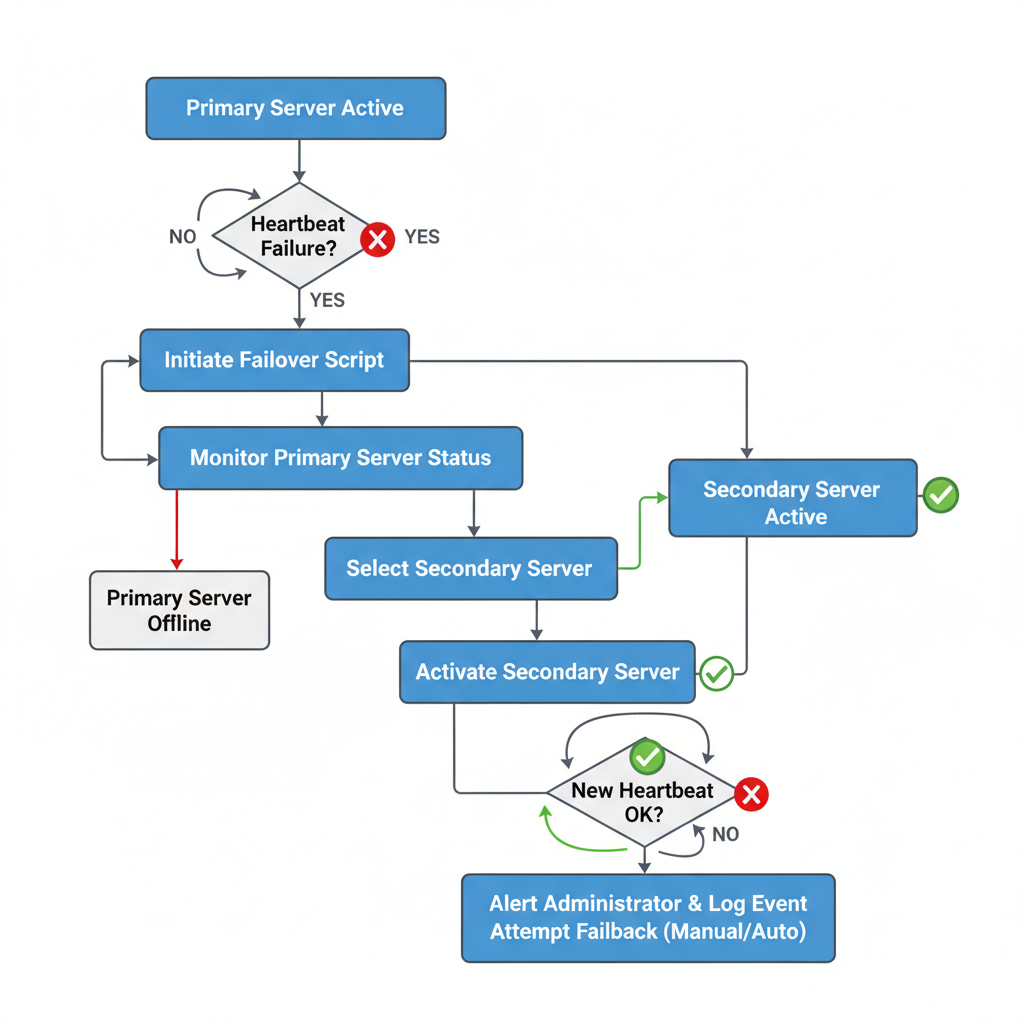 flowchart of automated failover script, server nodes failing over, green checkmarks