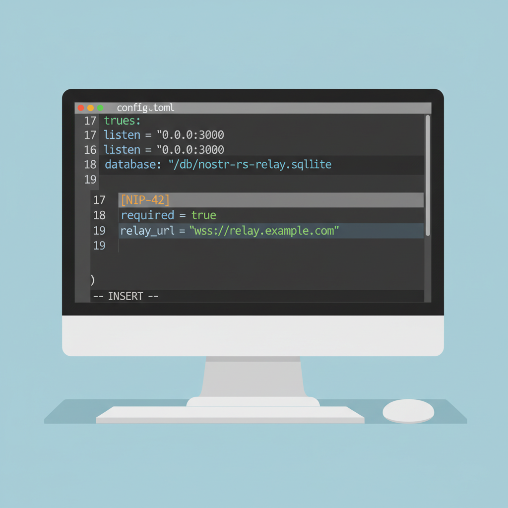 editing config.toml file in vim, NIP-42 settings highlighted, code syntax
