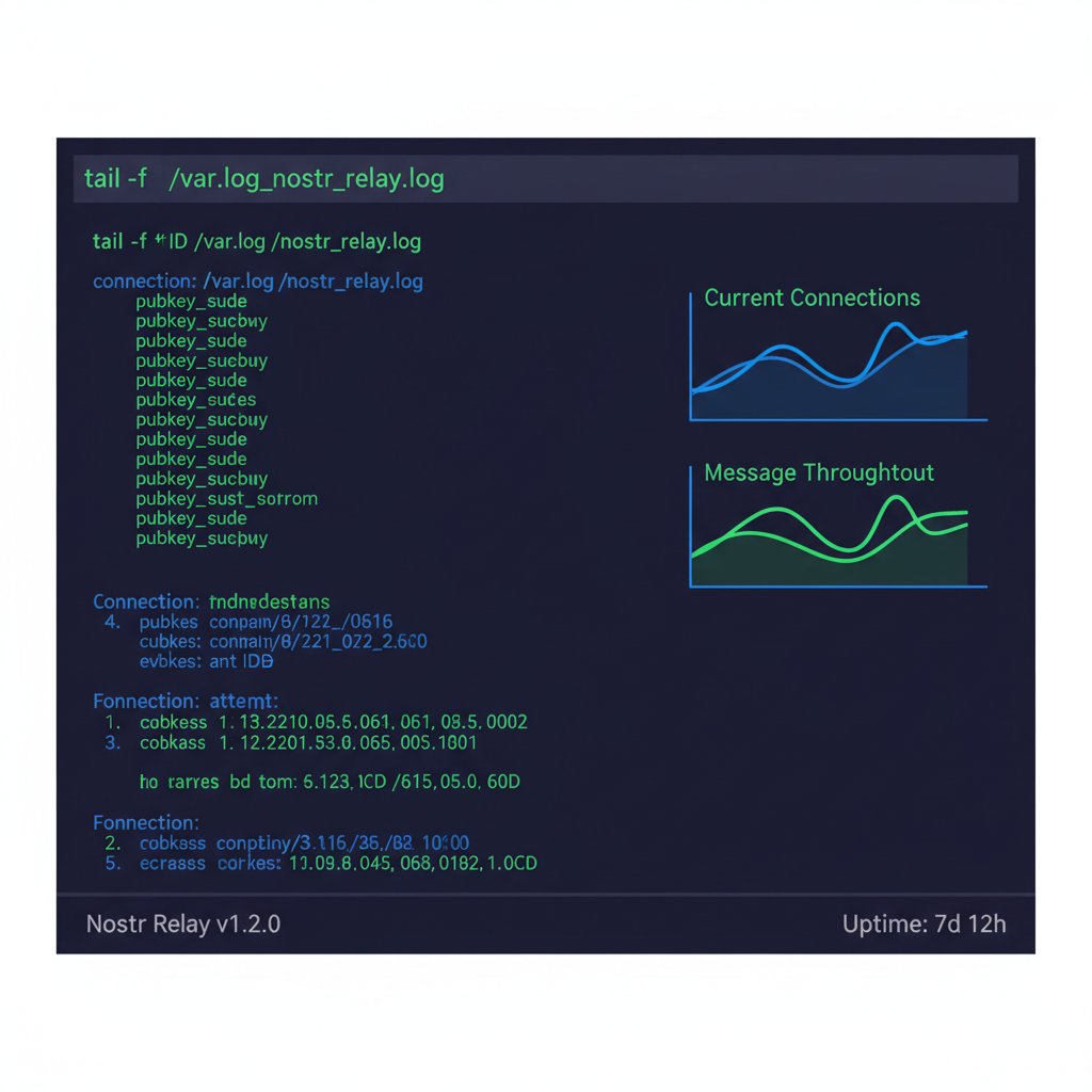 terminal tailing nostr relay logs, graphs of connections, dark mode