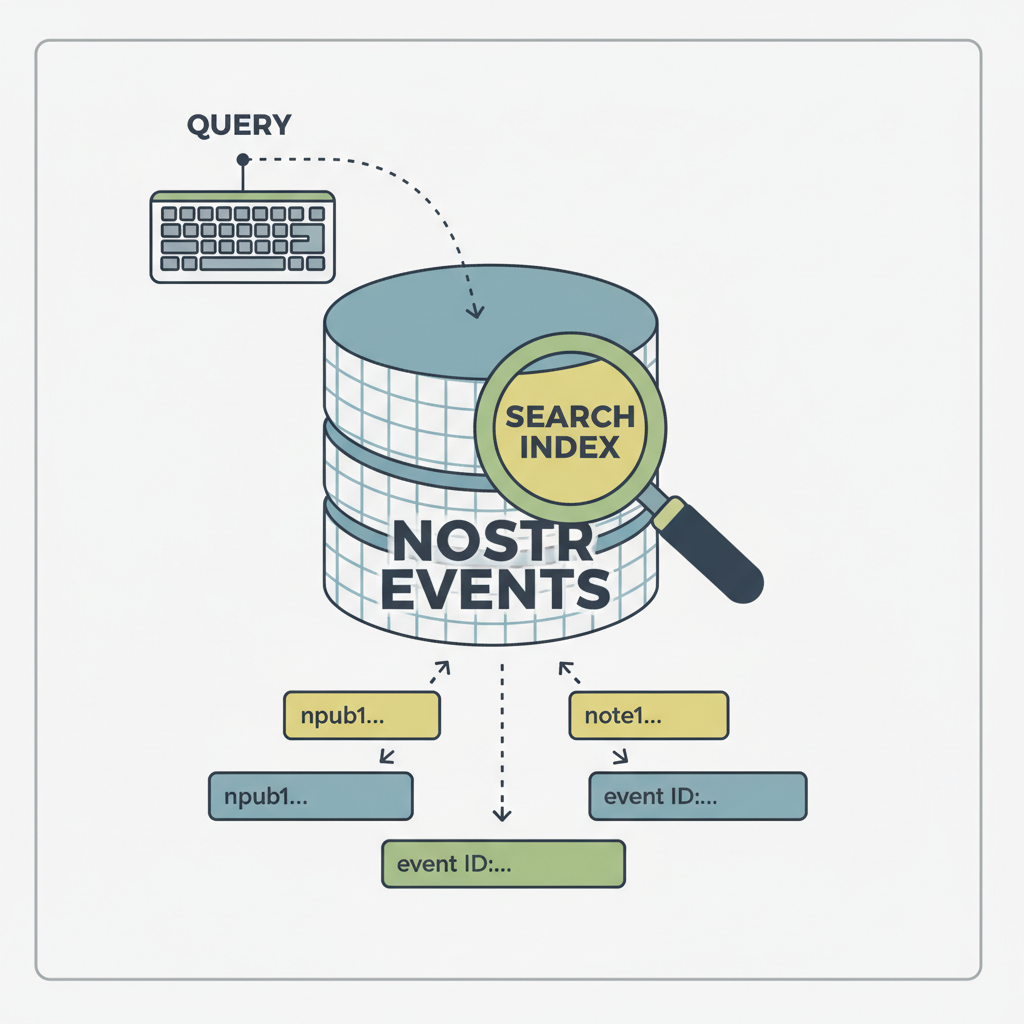 search index database with Nostr events, magnifying glass over text, query results