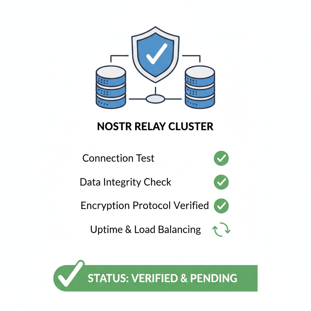security shield over Nostr relay cluster, testing checklist, green verified status