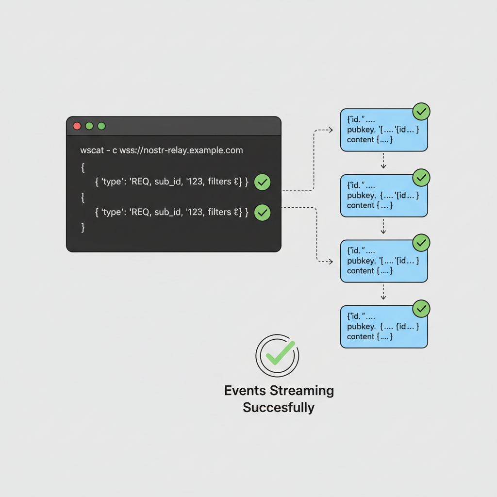 wscat WebSocket testing nostr relay, green checkmarks events streaming