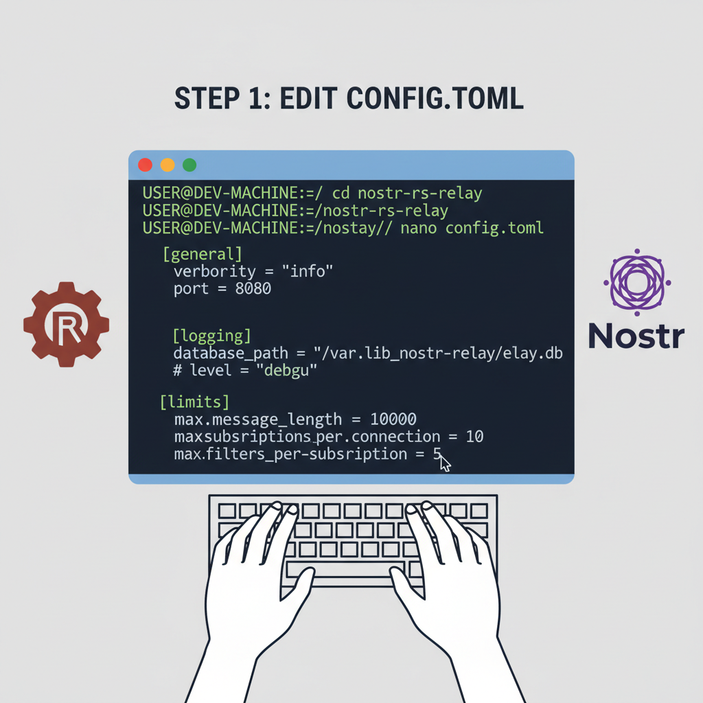 terminal building Rust nostr-rs-relay, config file edit, developer focused