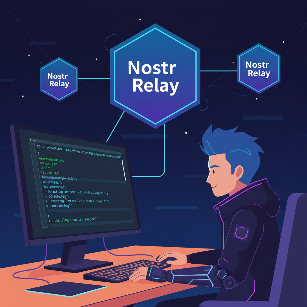 developer at desk coding WebSocket connection to glowing Nostr relays, dark mode terminal, cyberpunk aesthetic