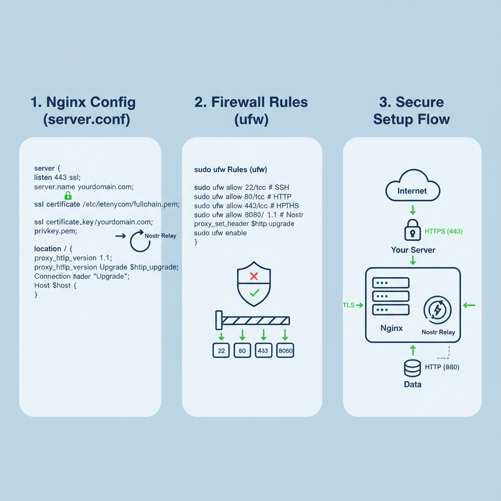 Nginx config with TLS certs for Nostr relay, firewall rules diagram, secure setup