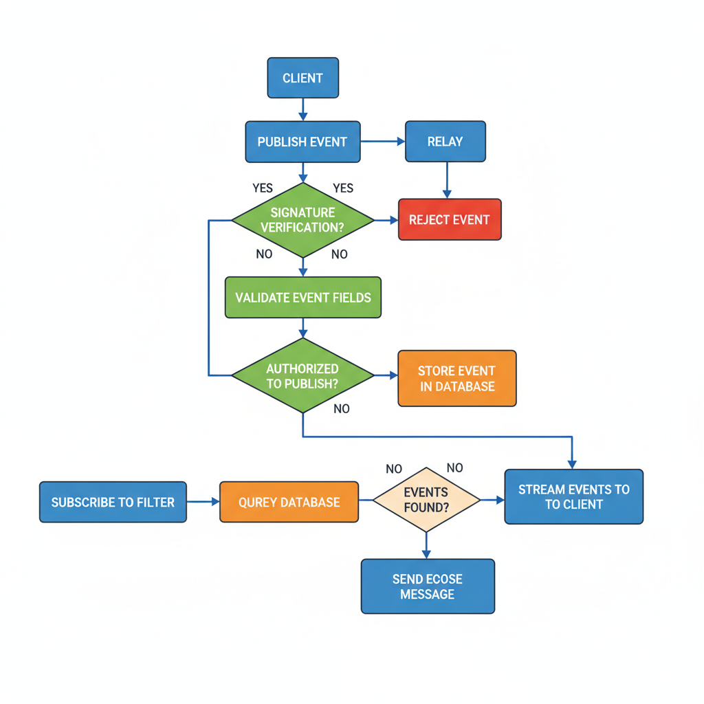 flowchart of Nostr event handling, signature verification, secure data flow diagram