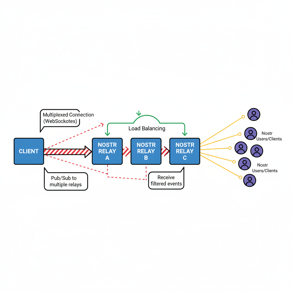 network diagram multiplexing connections to multiple Nostr relays, load balancing visualization