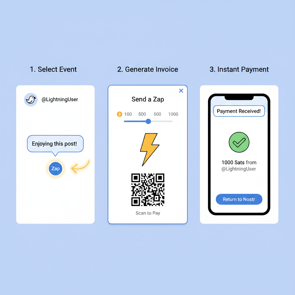 Nostr zap integration UI with Lightning bolt payments, event with invoice QR code