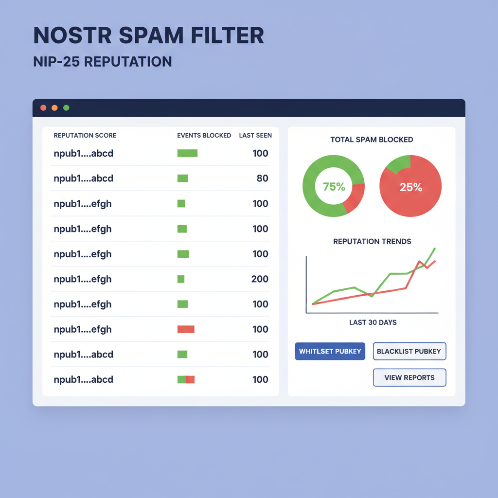 spam filter dashboard showing NIP-25 reputation scores for Nostr pubkeys, analytical charts