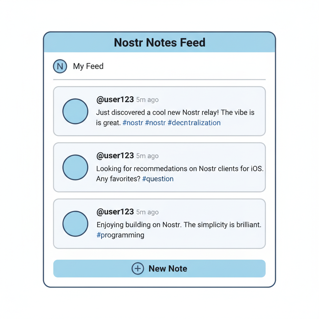 code snippet showing Nostr REQ for kind 1 notes, JSON over WebSocket, minimalist UI diagram