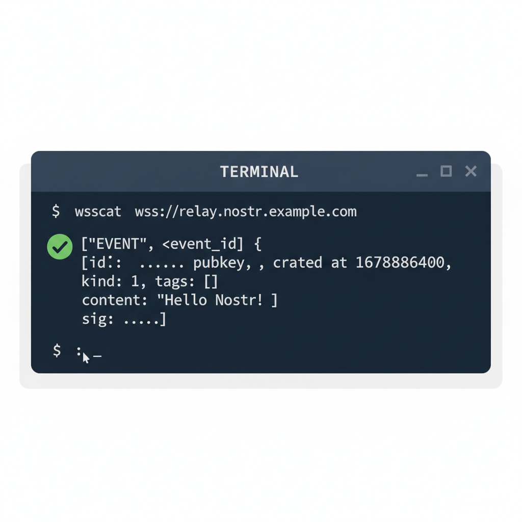 terminal using wsscat verifying Nostr relay, successful event response screenshot