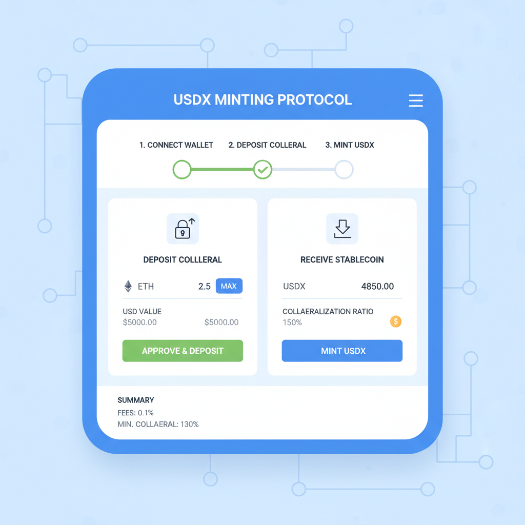 sleek DeFi interface screen showing USDX minting process with collateral deposit and stablecoin output