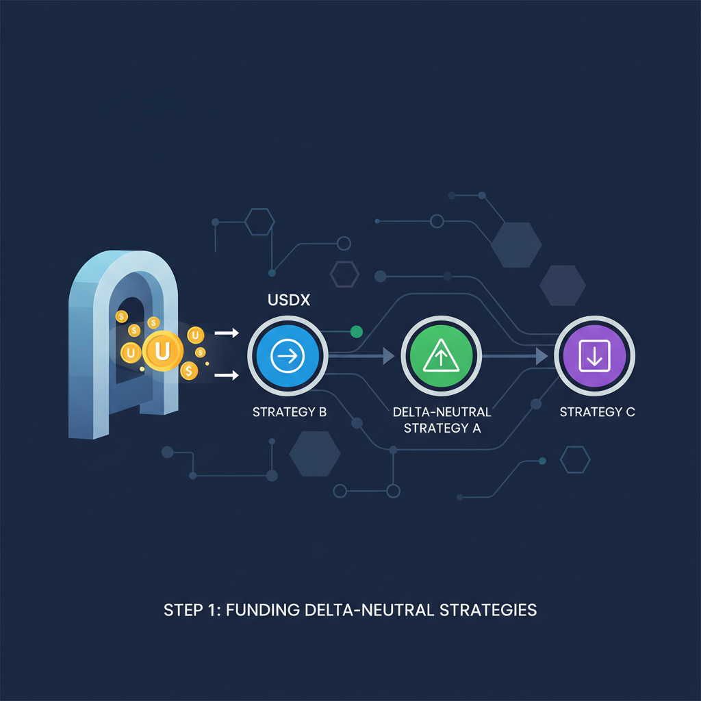 abstract vault graphic with USDX tokens flowing into delta-neutral strategy nodes on blockchain network