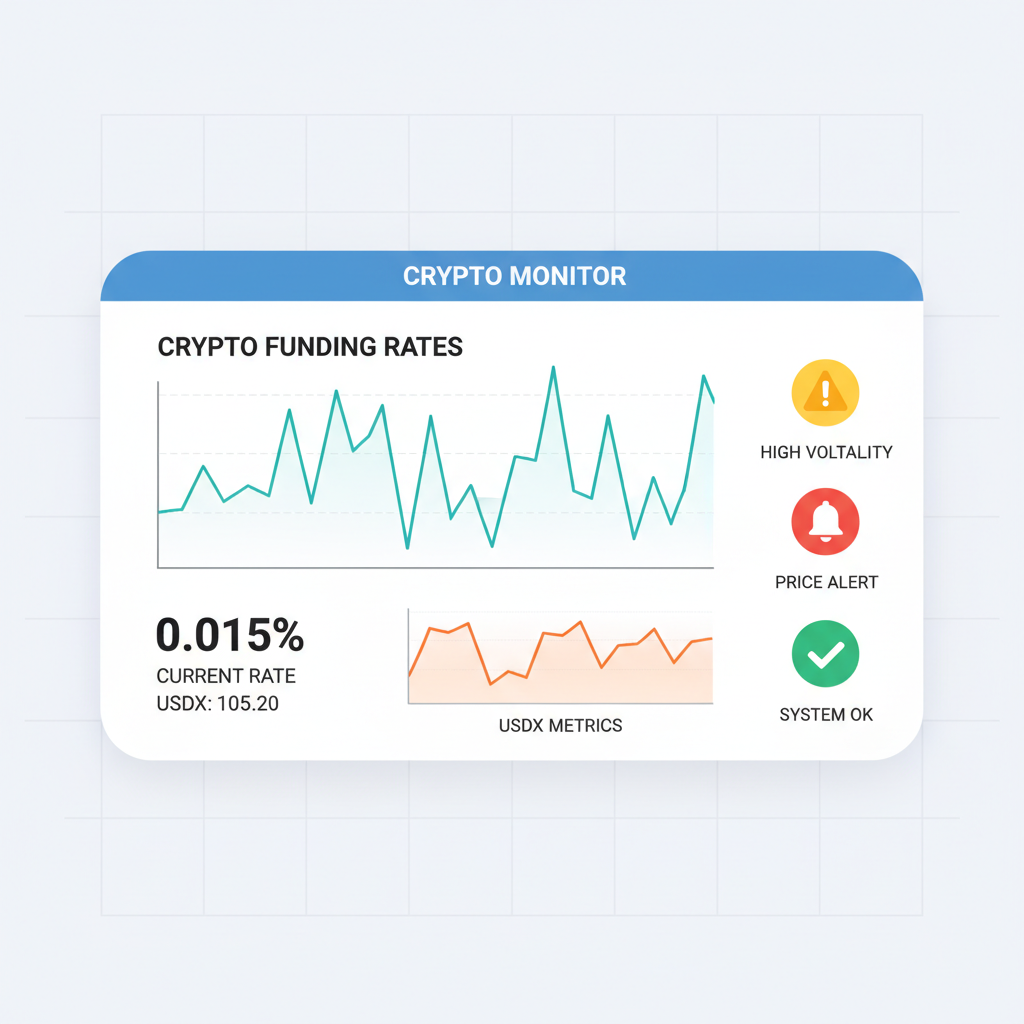 dashboard monitoring crypto funding rates chart with USDX metrics and alert icons