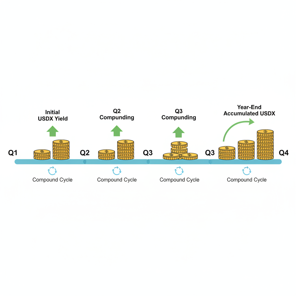 timeline graphic of quarterly compounding cycle with growing USDX yield stacks