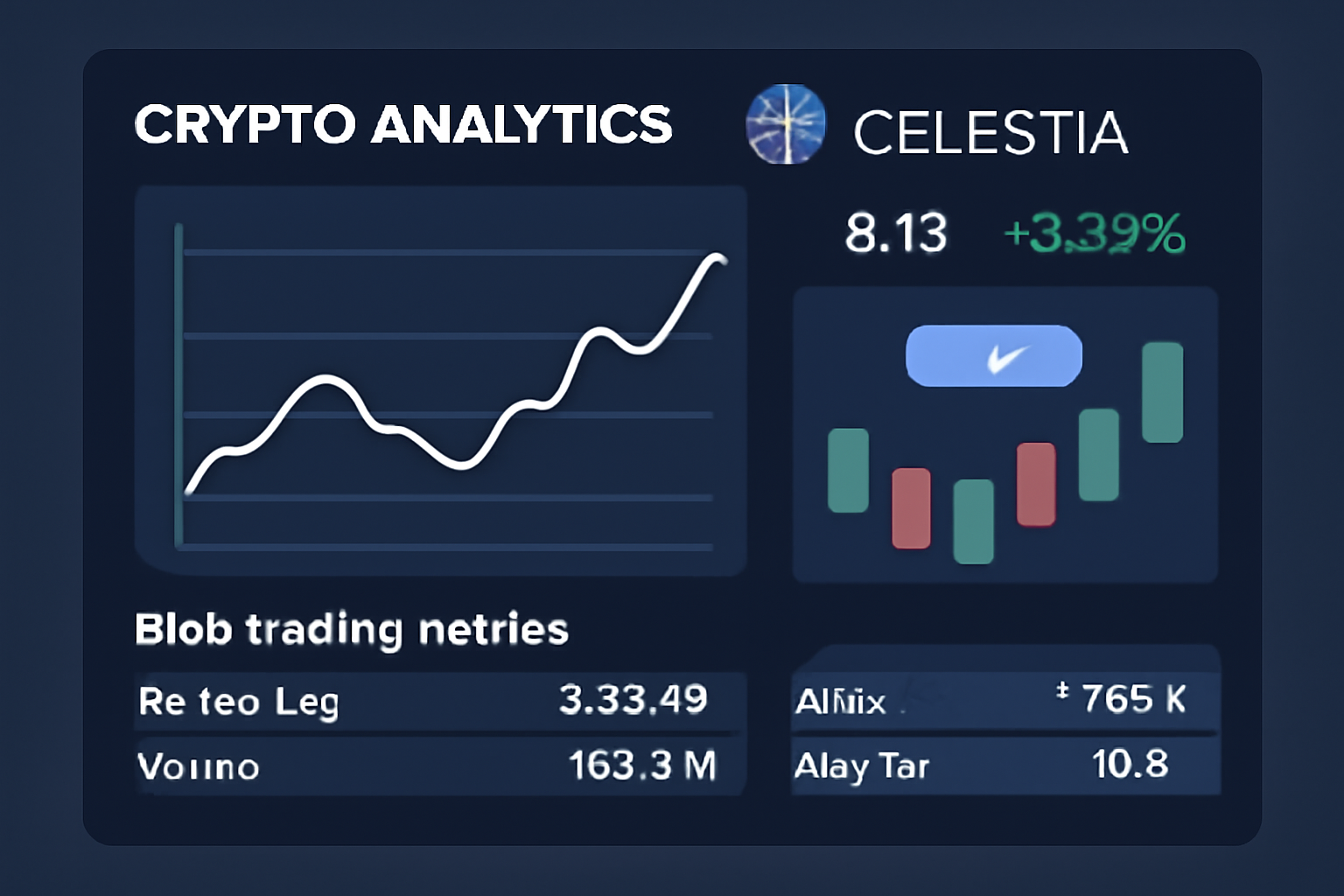 A sleek crypto analytics dashboard displaying live charts and blob trading metrics for Celestia, with dynamic graphs and market indicators.