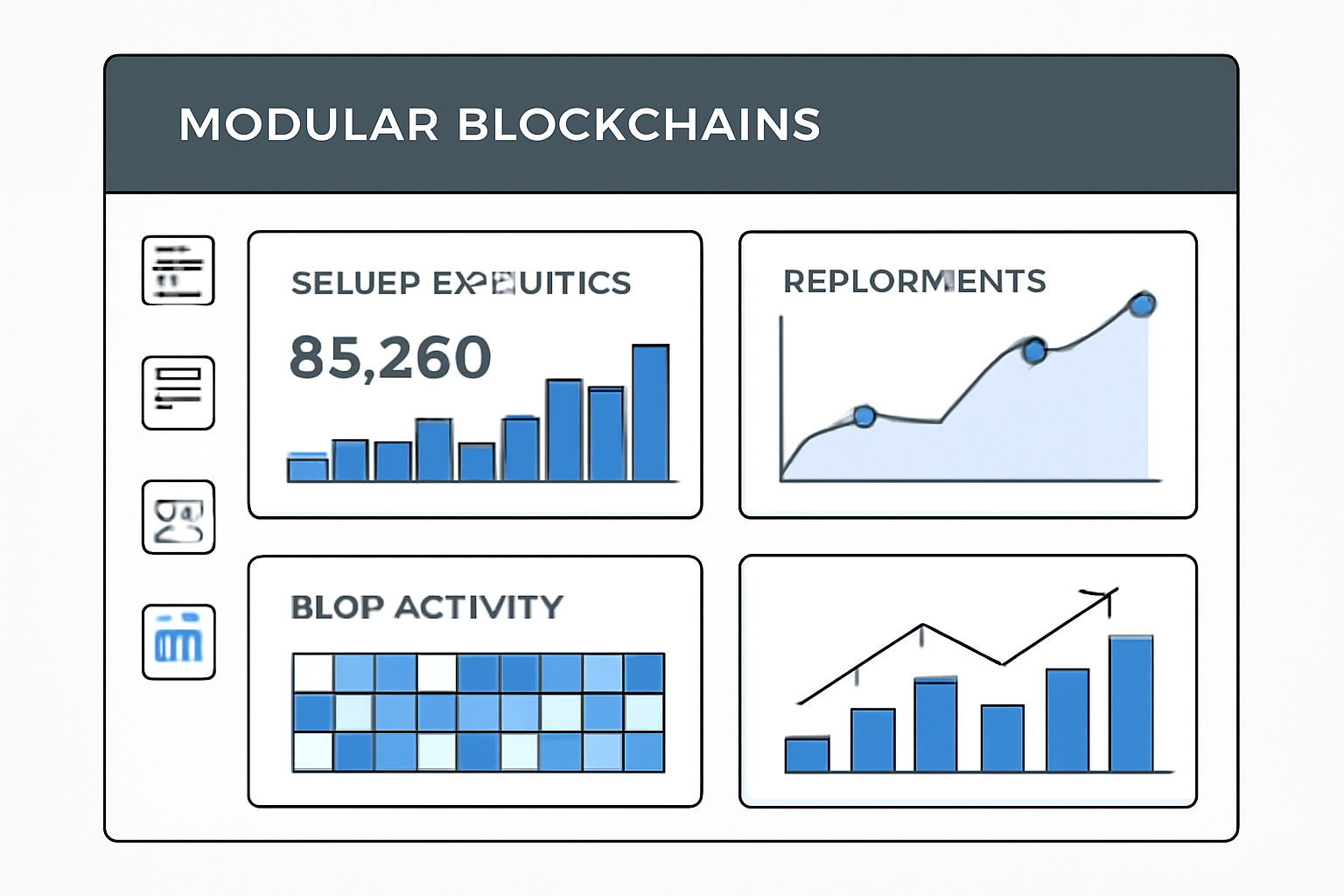 A technical dashboard showing rollup analytics, deployment graphs, and blob activity heatmaps for modular blockchains.
