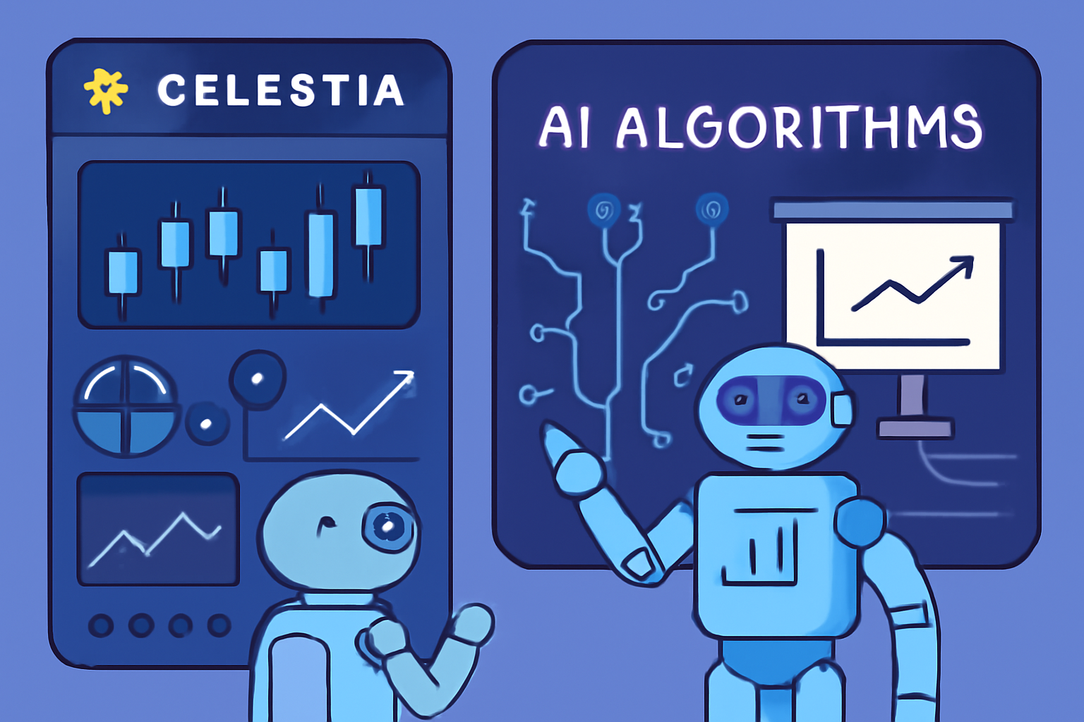 A futuristic interface showing AI algorithms analyzing blockchain trading data, with Celestia branding and digital trading bots.