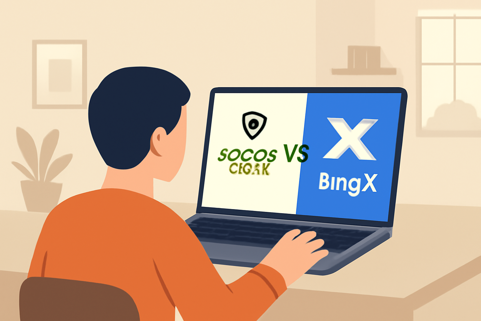 A person comparing soccer fan token platforms on a laptop, with logos of Socios.com and BingX visible, in a modern home setting.