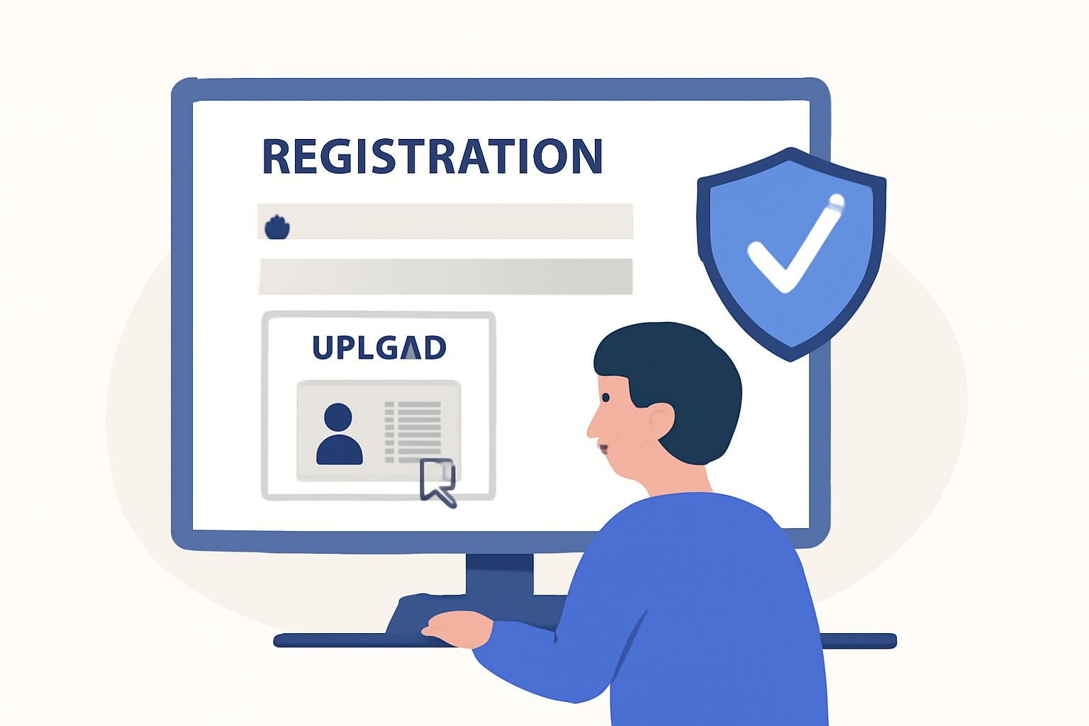 A user filling out an online registration form and uploading an ID document on a secure website, with a shield icon representing security.