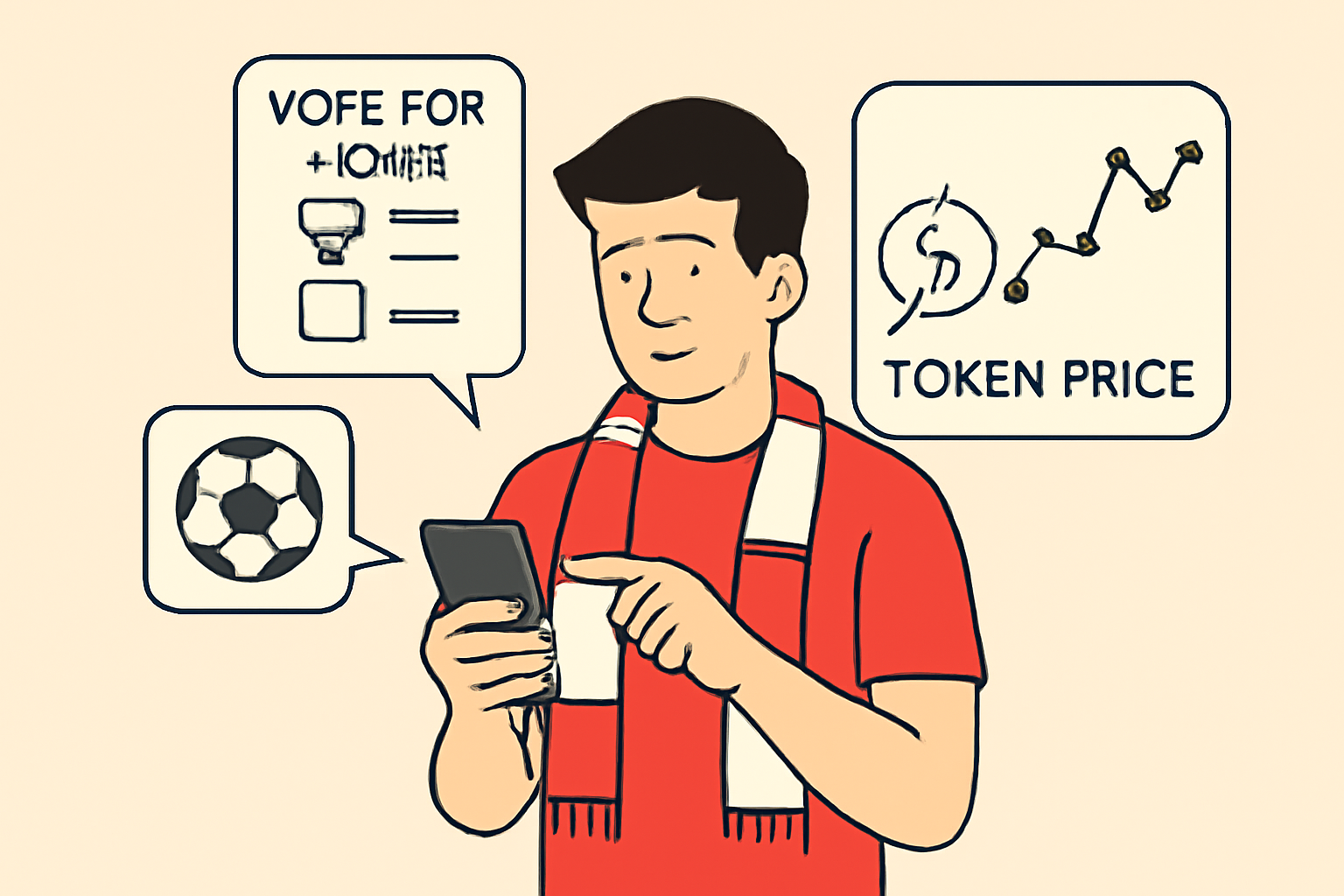 A fan using a smartphone to vote in a team poll and view token prices, with fluctuating price graphs and soccer imagery.