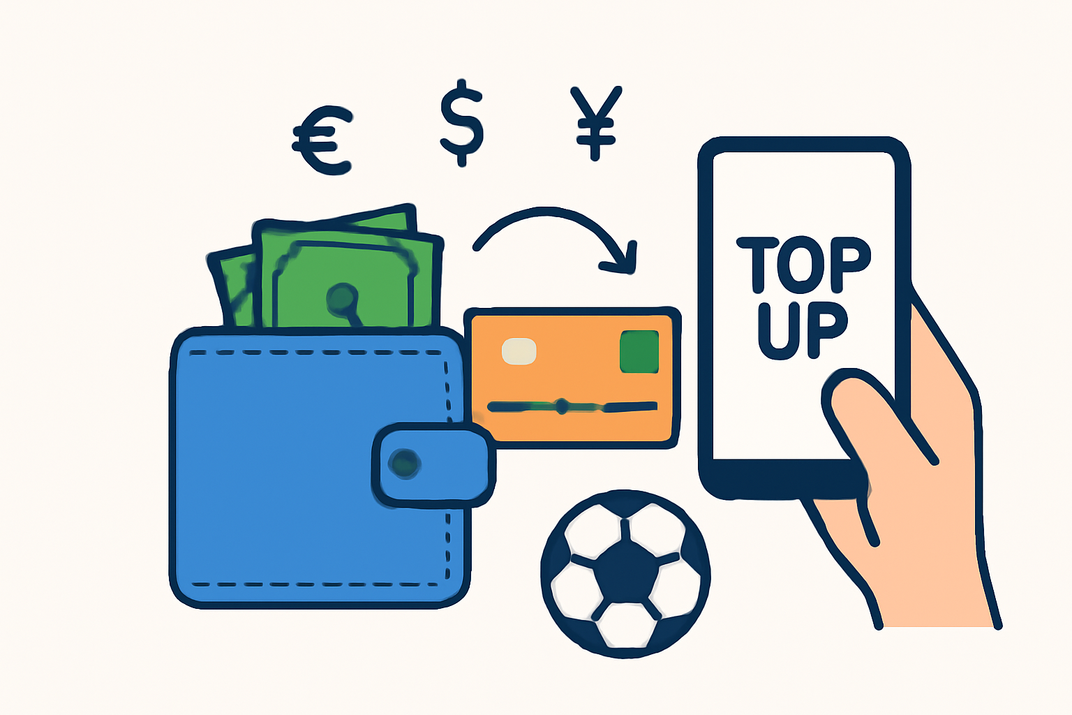 A digital wallet being topped up with money via bank card and smartphone, with currency symbols and a soccer ball nearby.