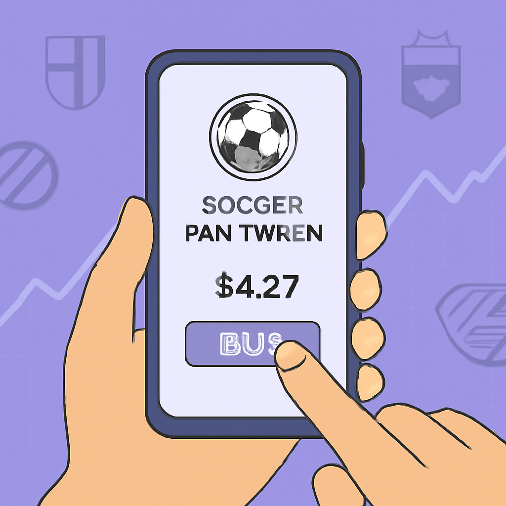 A smartphone screen showing a soccer fan token being purchased, with team logos and a digital price chart in the background.