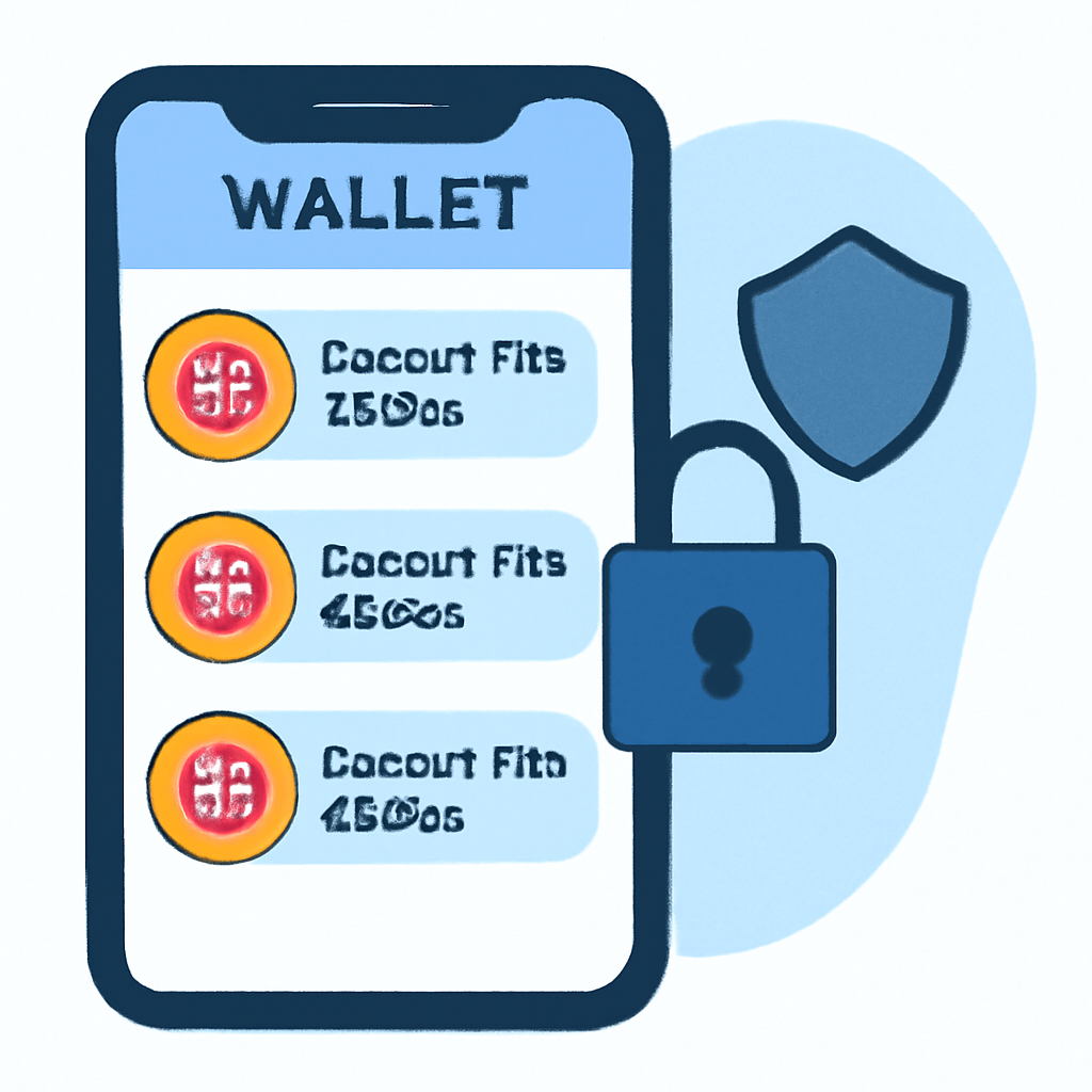 A digital wallet app displaying soccer fan tokens, with a padlock and shield symbolizing security.