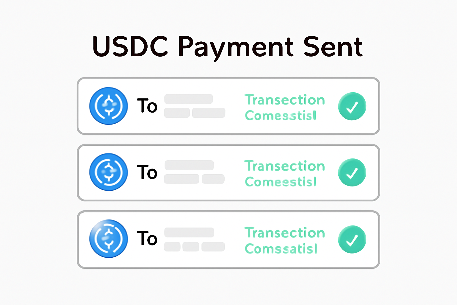 Digital confirmation of USDC payments being sent to multiple wallet addresses, with transaction success notifications.