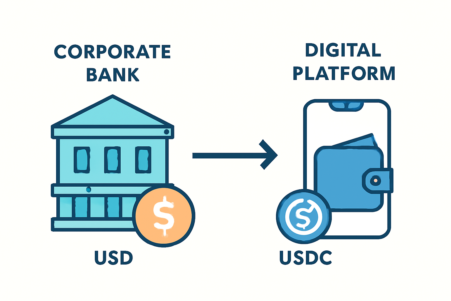 Corporate bank transfer to a digital platform, converting USD to USDC with stablecoin symbols and digital wallet graphics.
