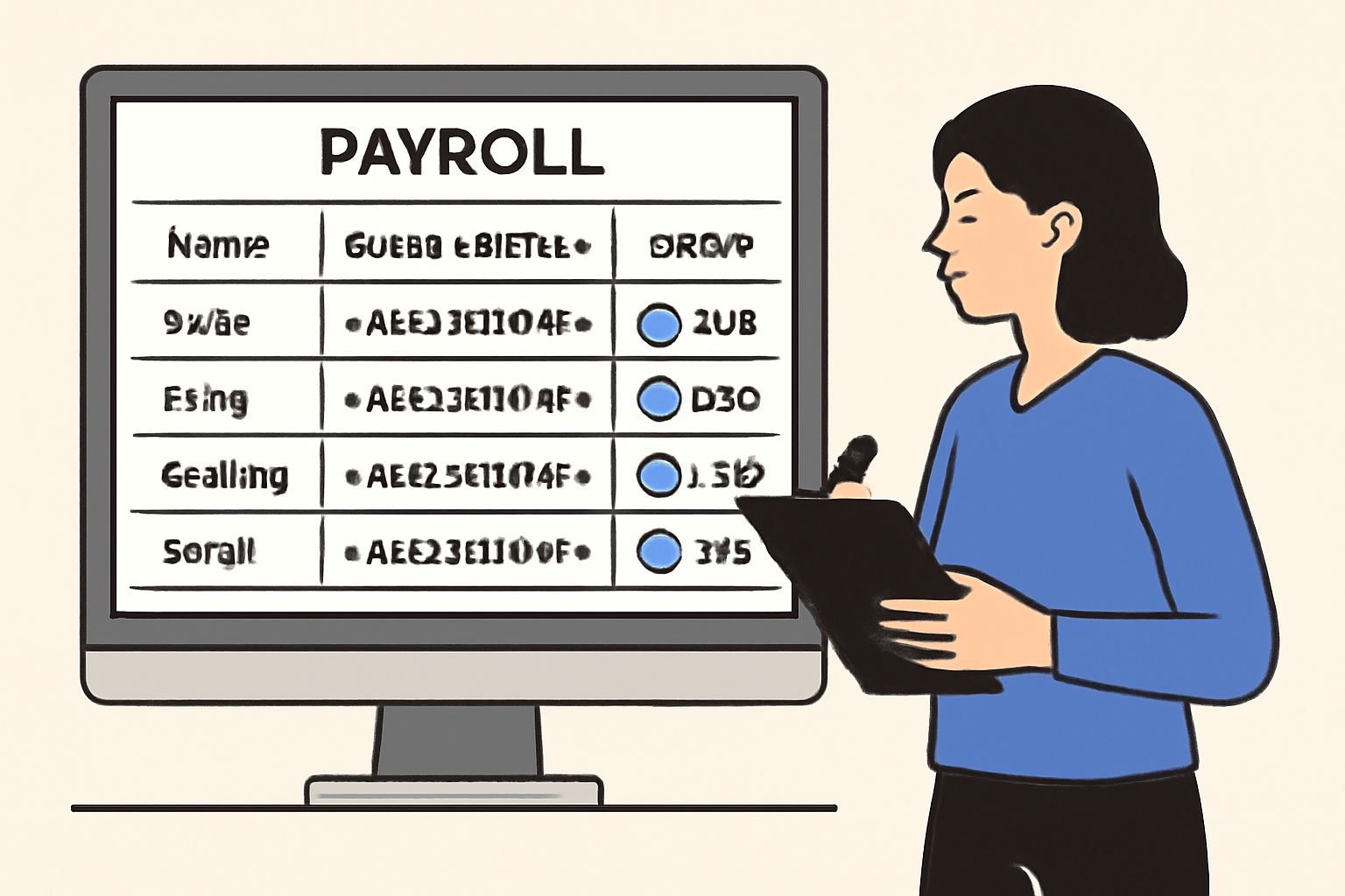 Payroll manager reviewing a digital payroll dashboard with team members' names, wallet addresses, and USDC amounts.